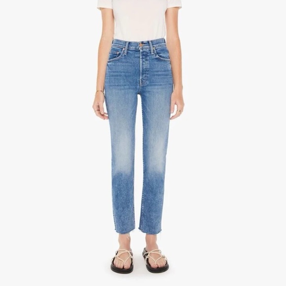 NWT MOTHER The Tomcat Ankle Fray Jeans Straight Leg On The Road Blue Denim 24 - Picture 1 of 16